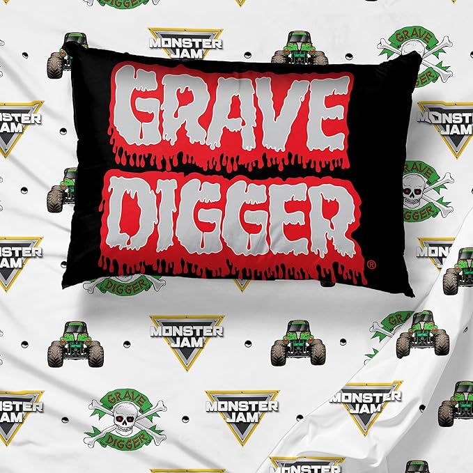 Sunny Side Up Monster Jam Grave Digger Full Sheet Set - 4 Piece Kids Bedding Set Includes Pillow Cover - Super Soft Microfiber Sheets