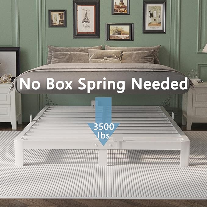 Queen Bed Frame 4 Inch White, Metal Bed Frame Queen Size with Baffles, No Box Spring Needed, Heavy Duty Steel Platform Support, Rounded Corner Design, Noise Free, Easy Assembly