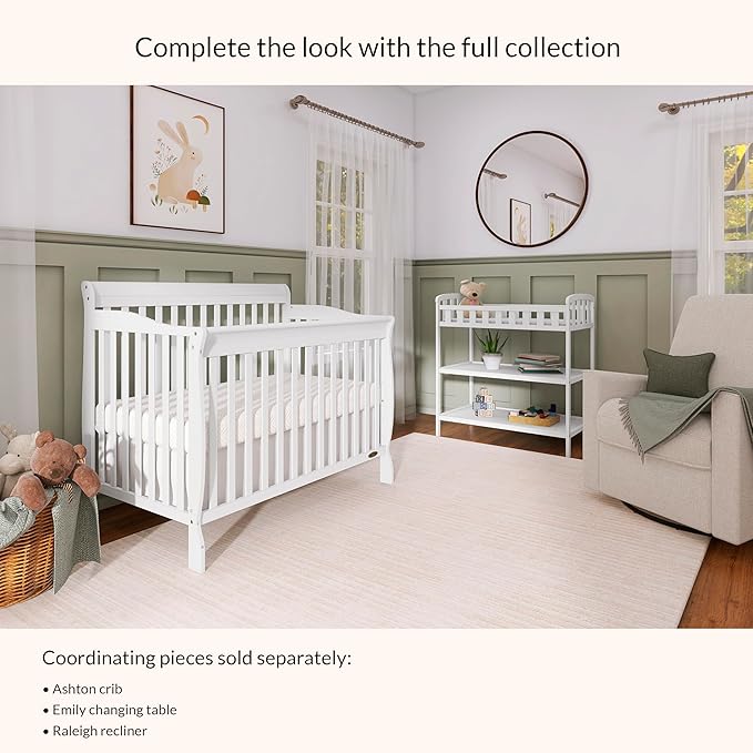 Dream On Me Emily Changing Table, Compact and Portable, Solid New Zealand Pinewood, Safety Rails, Two Storage Shelves, Includes Water-Resistant 1" Changing Pad — White