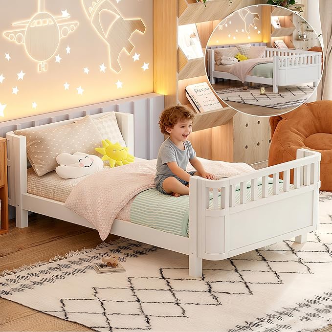 Twin Kids Floor Bed Frame with Rails, Wood Low Montessori Platform Bed with Slats Support, Modern Daybed with Detachable Side Rails, Kids Beds for Boys Girls Bedroom, White