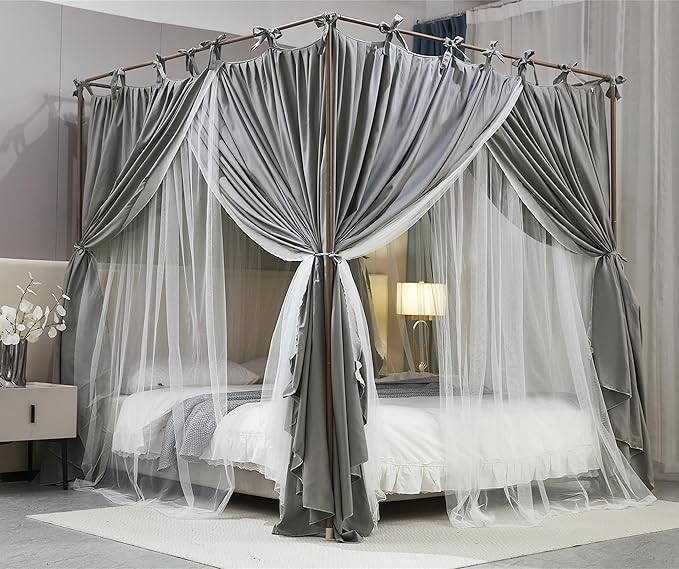 4 Corners Post Princess Curtain Bed Canopy Double Layer Cozy Mosquito Net Mesh and Cloth for Girls Adults Bedroom Decoration (Double-Grey/White, 78" W*86" L*82"*H/(King))