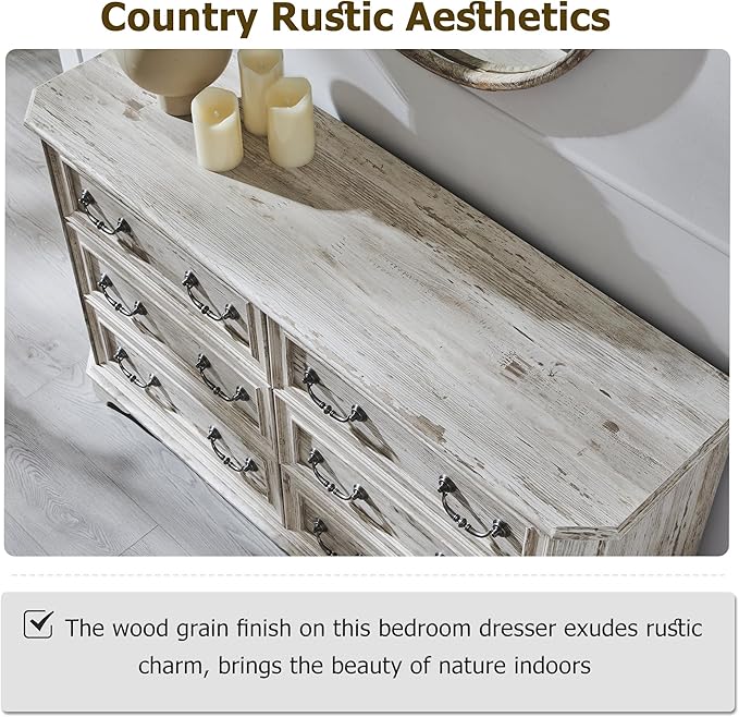 T4TREAM Farmhouse 6 Drawers Dresser for Bedroom, 54" Wide Wood Rustic Chest of Drawers with Natural Texture, Vintage Design, Storage Dressers Organizer for Bedroom, Living Room, Distressed White