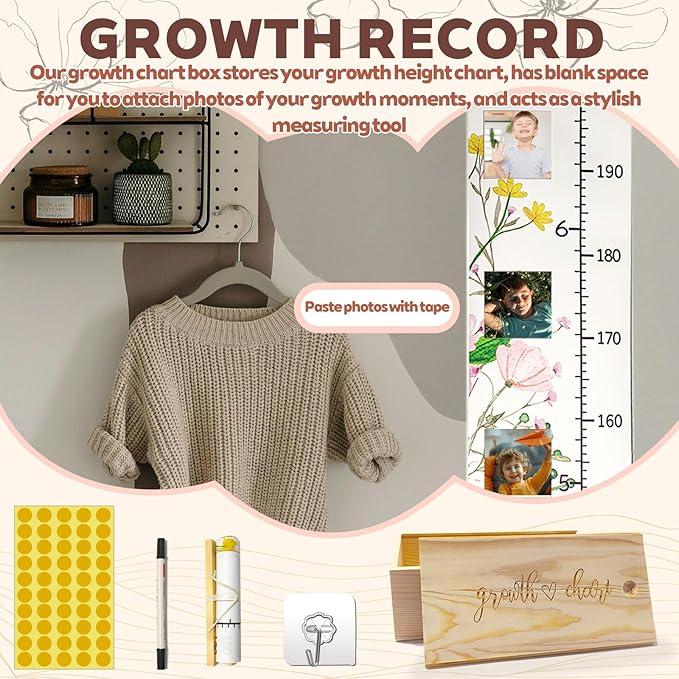 Wildflowers Baby Growth Height Chart with Keepsake Box Hook Pen Set 79 Inches Removable Ruler Measuring Chart Waterproof Canvas Measure Removable Wall Decor for Baby Kids Toddlers (1, Wild Flower)