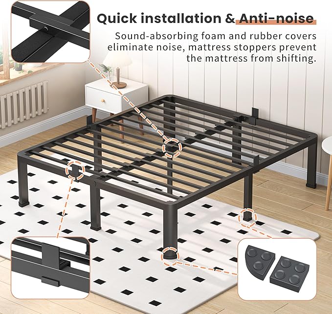 14 Inch Queen Heavy Duty 3500 lbs Bed Frame with Round-Corner Legs & Anti-Squeak Design – Quick Assembly Metal Platform, No Box Spring Needed