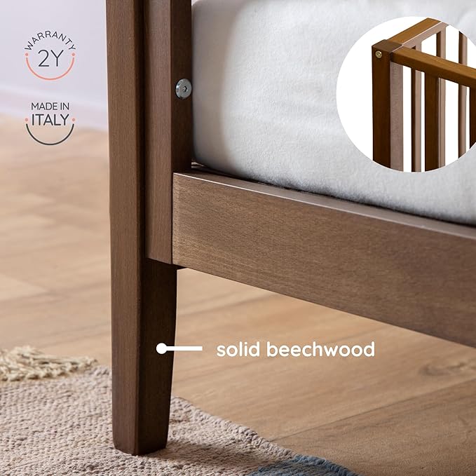 dadada LaLa 3 in 1 Convertible Crib - Converts into Toddler Bed & Daybed - Made in Italy - 3 Adjustable Mattress Heights - Solid Beech Wood (Walnut)