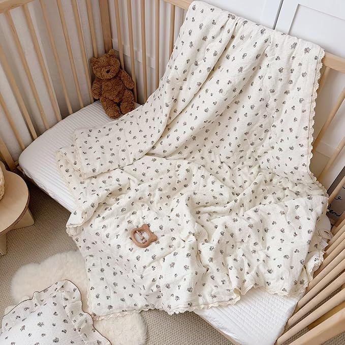 BuLuTu Pansy Flower Pattern Toddler Quilt Crib Size, Muslin Cotton Kids Comforter with Lace Edges, Chic Shabby Floral Print Toddler Bed Blanket, Nursery Decor, 47x59 Inches