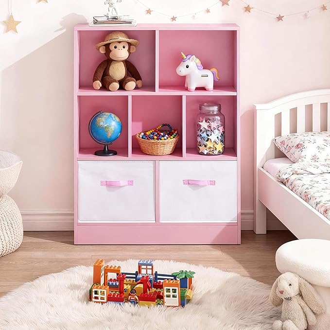ivinta Toy Storage Organizer for Kids, 7-Cube Wooden Storage Cabinet with Collapsible Fabric Drawers for Children, 3-Tier Bookshelf for Playroom Nursery Bedroom Living Room (Pink)