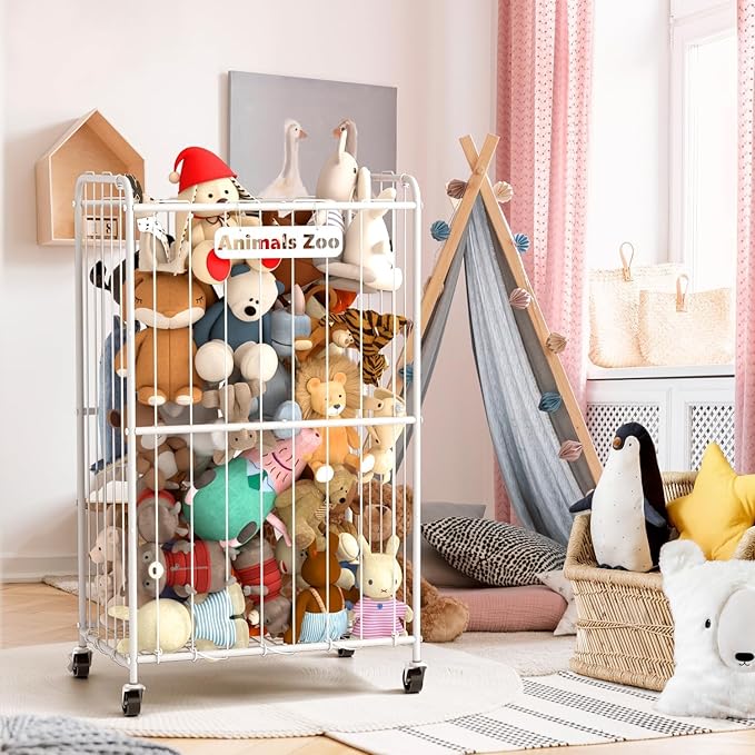 210L Stuffed Animal Storage Organizer Plush Toy Storage Organizer Stuffed Animal Holder, Kids Toy Bins with Wheels, Metal Frame and Elastic Cord Design, Suitable for Storage of Big Toys