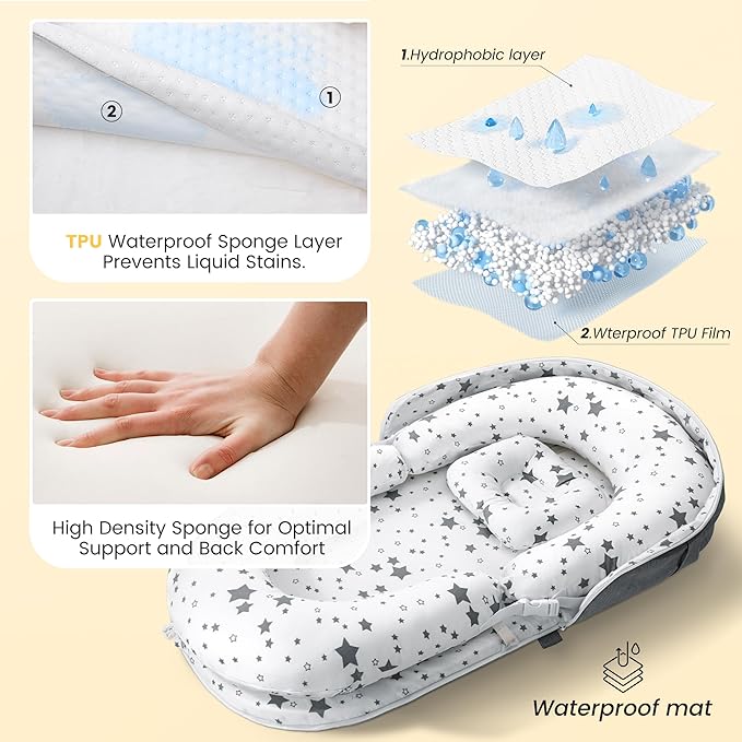 AmazingLife Baby Lounger, Newborn Lounger with Mosquito Net, Converts to a Backpack for Easy Carrying, Gifts for Babies Aged 0-12 Months, Star