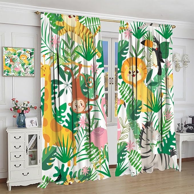 Jungle Animals Curtains Cartoon Cute Lion Giraffe Monkey Zebra Woodland Art Printed for Children Girls Boys Bedroom Nursery Rod Pocket Decoration Window Drapes 2 Panels W21xL45in