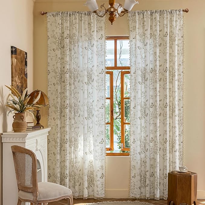 ENJOYBRIDAL Floral Curtains 84 Inch Long Boho Semi Sheer Drapes 2 Panels Bedroom Living Room Farmhouse Window Curtain Panels Floor Length Rod Pocket French Country Vintage Cute Window Treatments