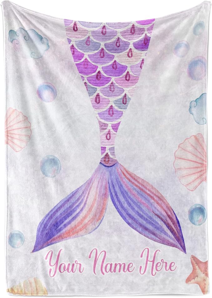 Personalized Blanket for Girls | Custom Mermaid Fleece Throw | Purple Kids Throw | Baby Girl Blanket for Room Décor | Girls Room | Kids Blanket | Mermaids (Fleece – 30x40)