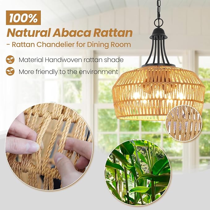 18.5'' Rattan Chandeliers for Dining Room, 5-Light Boho Pendant Light, Hand Woven Lampshade for Kitchen Island, Bedroom, Living Room, Height Adjustable