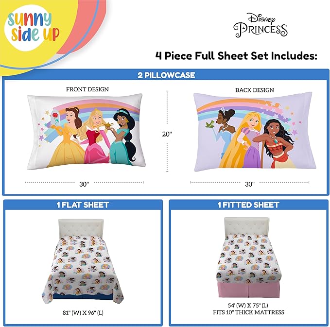 Sunny Side Up Disney Princess Full Sheet Set - 4 Piece Kids Bedding Set Includes Pillow Cover - Super Soft Rainbow Microfiber Sheets Moana, Belle & Rapunzel