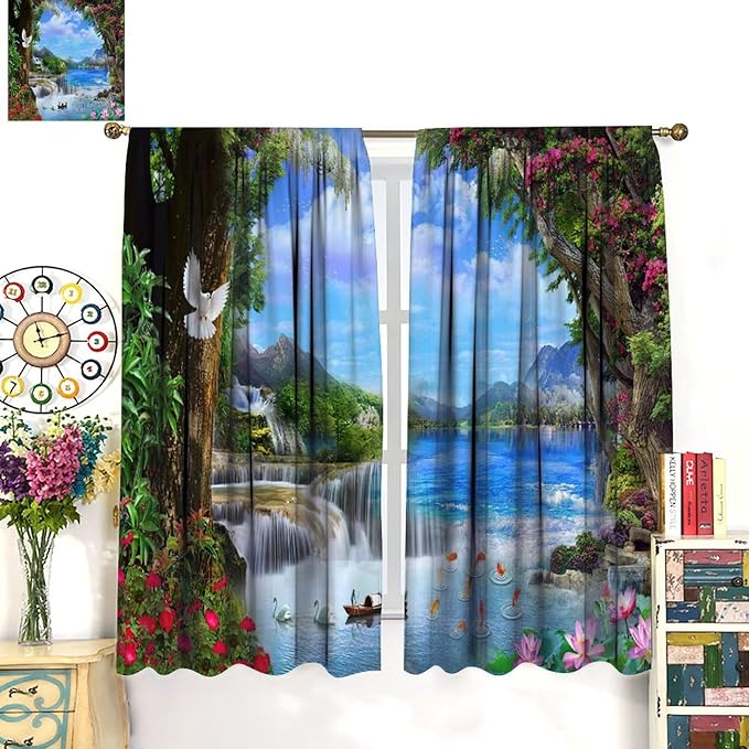 Spring Jungle Waterfall Blackout Window Curtains, Tropical Rainforest Floral Tree Waterfall Landscape Print Window Drapes, for Living Room Bedroom 52x84in 2 Panels