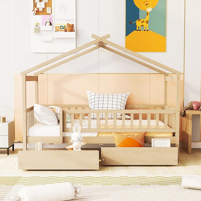 Aoowow Twin Size House Bed with Storage Drawers,Kids Wooden Bed Frame Twin House Bed with Slats and Fence for Boys Girls Teens for Bedroom(Natural)
