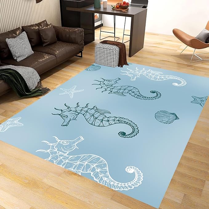 Seahorse Starfish Area Rugs, 5x7ft, Coastal Marine Animal Shell Nautical Rug for Bedroom, Pet Friendly Absorbent Carpet, Floor Decor Dirty Resistant Durable Mat for Bath Room Girls Boys