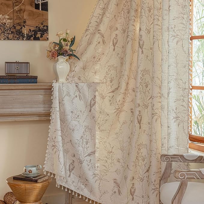 ENJOYBRIDAL Floral Curtains 63 Inch Long Farmhouse Semi Sheer Drapes Bird Patterned Short Rod Pocket 2 Panel Sets Window Curtains Boho Bedroom Living Room Botanical Decor Tassel Window Treatment