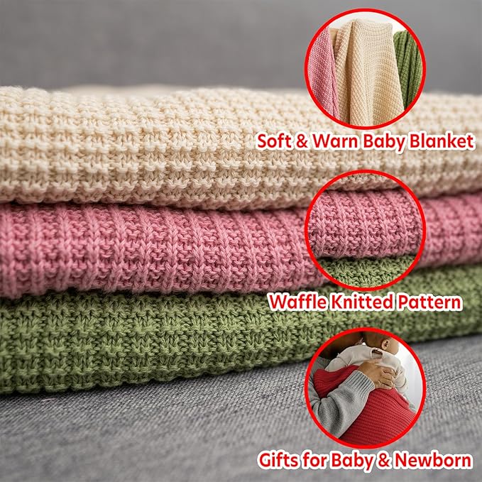 Baby Knit Blanket, 100% Cotton Waffle Patterns, Soft, Cozy, Lightweight Swaddle for Newborn & Infant Swaddling Beige Neutral, Perfect Baby Shower Ideas Red 30x40