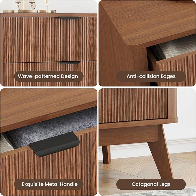 SUNWAVE Fluted 5 Drawer Dresser for Bedroom, 43.3" Tall Dressers with Round Corner, Mid-Century Modern Wood Chest for Living Room, Entry