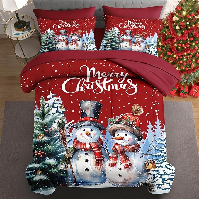 7 Pcs Queen Size Christmas Comforter Set with 2 Pillowcases & 2 Shams, Winter Wonderland Bedding for Kids and Adults, Happy Snowman Bed in a Bag with Flat Fitted Sheet