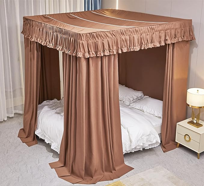 VETHIN Elastic Roof Style Four Corner Post Princess Bed Canopy Curtains Cozy Breathable Tent Canopy Mosquito Net for Girls & Adults Bedroom Decoration (Brown, 70-78" W*86" L*82"*H/(King))