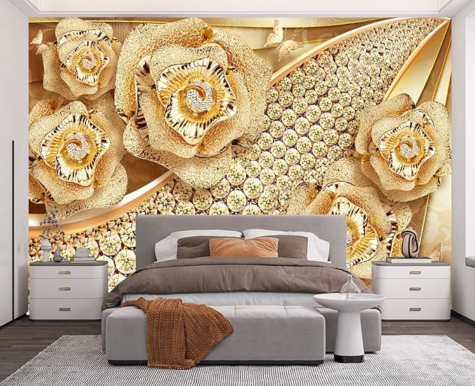 Golden Jewelry Diamond Rose Butterfly Wall Mural Wallpaper for Bedroom 178" x 117"