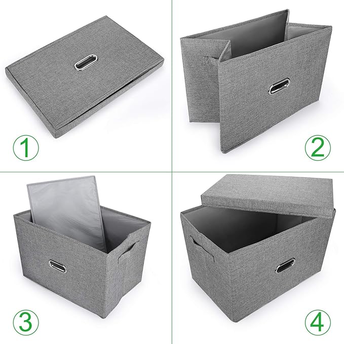 Large Linen Fabric Foldable Storage Bins with Removable Lid and Handles, Washable Storage Box Organizer Containers Baskets Cube with Cover for Bedroom,Closet,Office,Nursery (Grey, XXL)