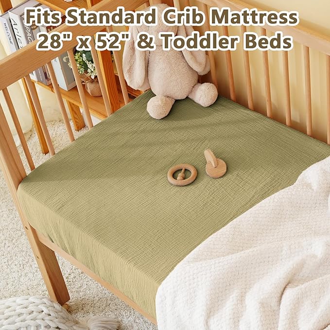 Muslin Crib Sheet – 100% Cotton Baby Fitted Sheet for Boys & Girls, Ultra Soft & Breathable, Snug Fit with 360° Elastic, Fits Standard Crib Mattress 28" x 52" & Toddler Beds.