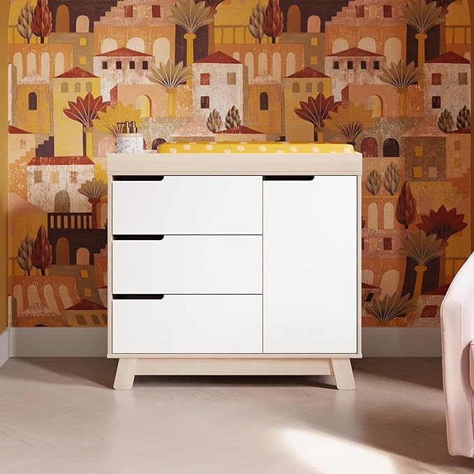 Babyletto Hudson 3-Drawer Changer Dresser with Removable Changing Tray in Washed Natural and White, Greenguard Gold Certified