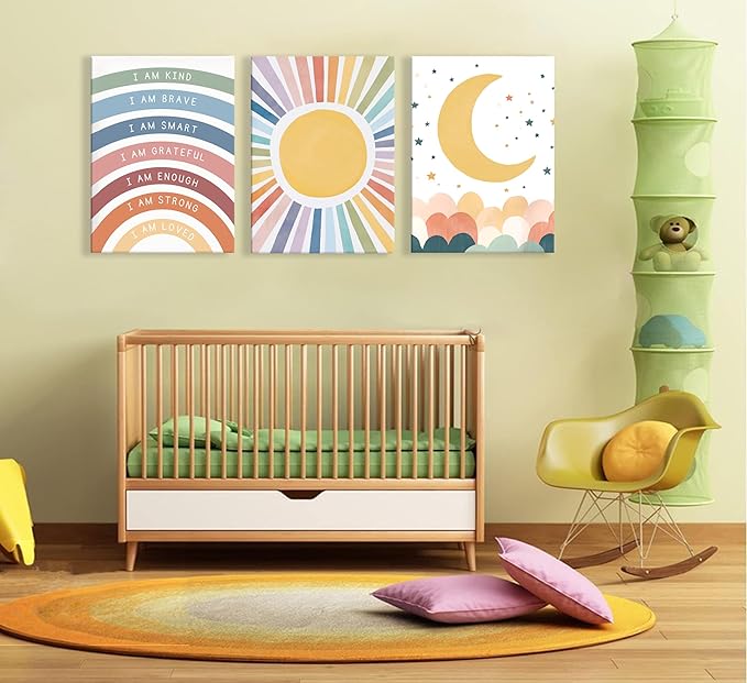 KBIERQN 3Pcs Boho Sun moon Canvas Wall Art Nursery Positive Affirmations Rainbow Poster Prints Bohemian Star Heart Picture for Toddler Baby Girls Room Playroom Bedroom Wall Decor 12x16in Framed