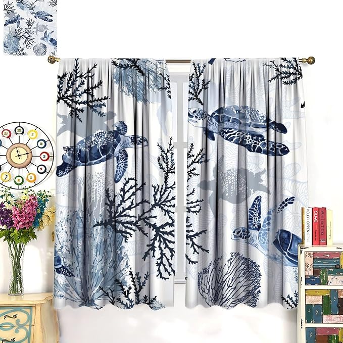 Coastal Nautical Curtains, Turtle Beach Sea Seashell Theme Pattern Blackout Print Home Bedroom Living Room Window Treatmen 2 Panel Set 63x63 Inch