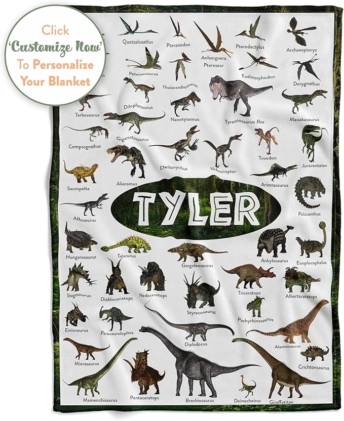 Personalized Dinosaur Blanket for Kids, Ships Next Day - Dino Throw Blanket for Boys and Girls, Toddler Bed, Room & Bedroom Decor - Educational Blankets for Children - USA Based (50x60, Sherpa)