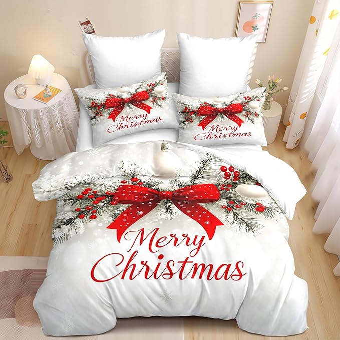 Christmas Duvet Cover Twin Size Merry Christmas Bedding Set Kids Boys Girls Red Bow Pattern Comforter Cover 2 Pcs with Zipper Closure (No Comforter)