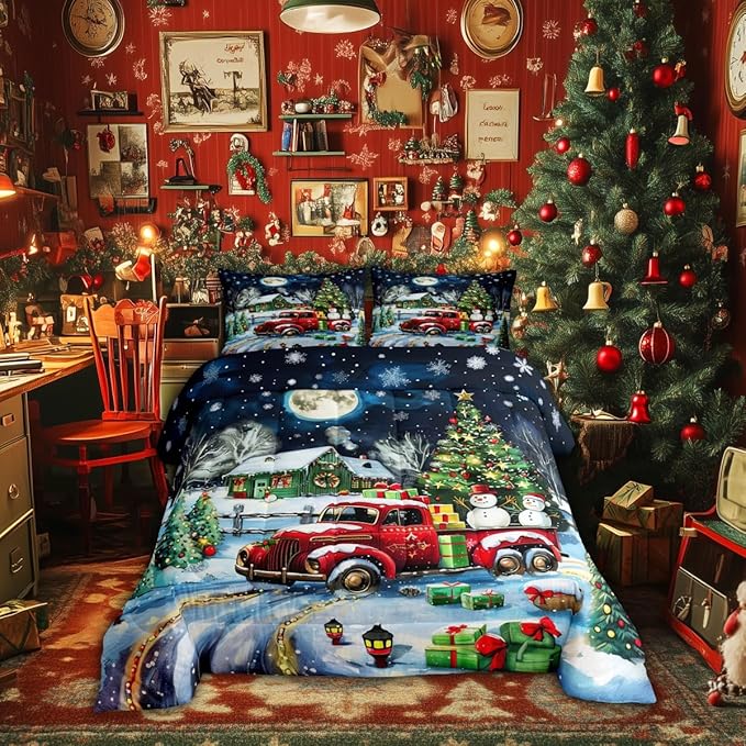 Rustic Farmhouse Xmas Comforter Set Queen Size,Retro Red Truck Snowman Bedding Set for Kids Boys Girls Room Decor,Snowflake Cabin Christmas Tree Duvet Insert 3Pcs,Xmas Theme Quilt Set,2 Pillowcases