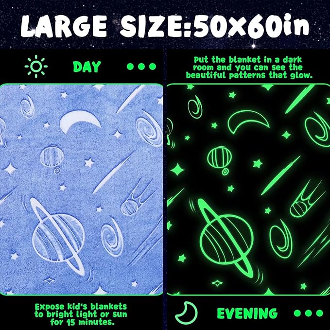 inhand Blue Glow in The Dark Blanket Space Toys Birthday Gifts for Boys Cute Kids Blanket and Funny Space Planet Moon Galaxy Room Decor for Age1 2 3 4 5 6 7 8 9 10 Year Old (30''x40''Blue)