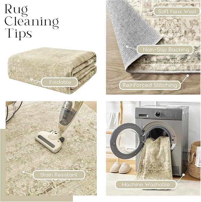 Neutral Area Rugs 8x10 for Living Room,Boho Washable Earth Tone Vintage Floral Modern Farmhouse Bedroom Dining Room Rug Under Table,Cream Beige Tan Brown