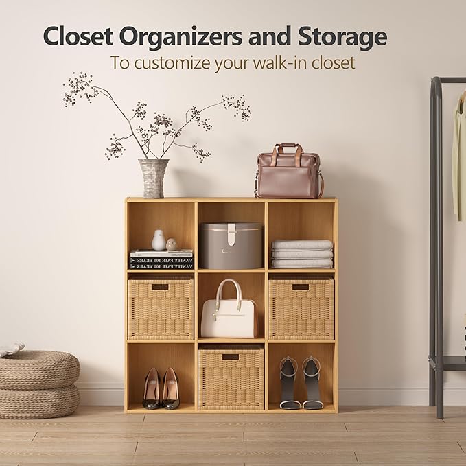 Bookshelf 9-Cube Storage Organizer, Sturdy Wooden Bookcase with Closed Back Panel, Multipurpose Display Shelf for Home Office, Bedroom, Study, 35.98" L x 9.45" W x 35.91" H, Natural Wood