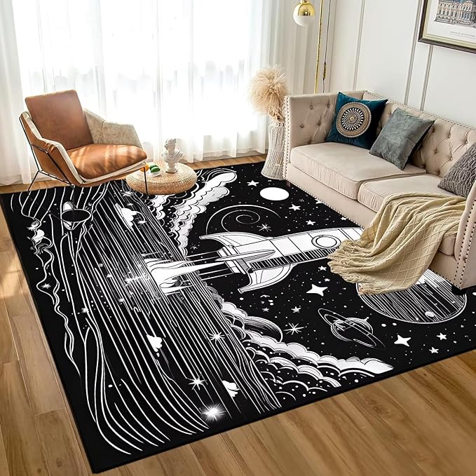 Space Rocket Rug for Boys Room Black and White Rugs Galaxy Stars Carpet Planet Throw Rugs for Kids Teens Doormat Bedroom Living Room,31 in X 47 in