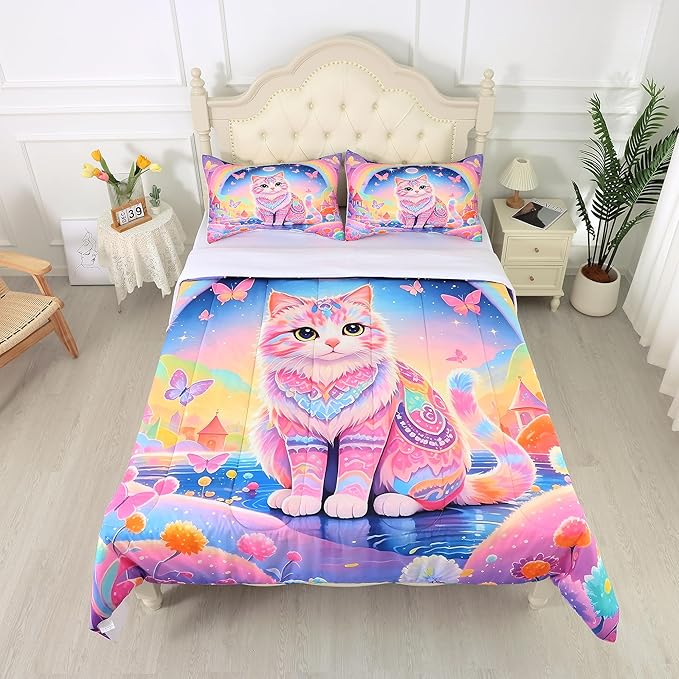 Rainbow Cat Bedding Set: King Size Cat Print Comforter Set Ethnic Kitten Castle Quilts for Women Adults Teens Couple Colorful Feline Butterflies Floral Pet Bed Set 3 Piece