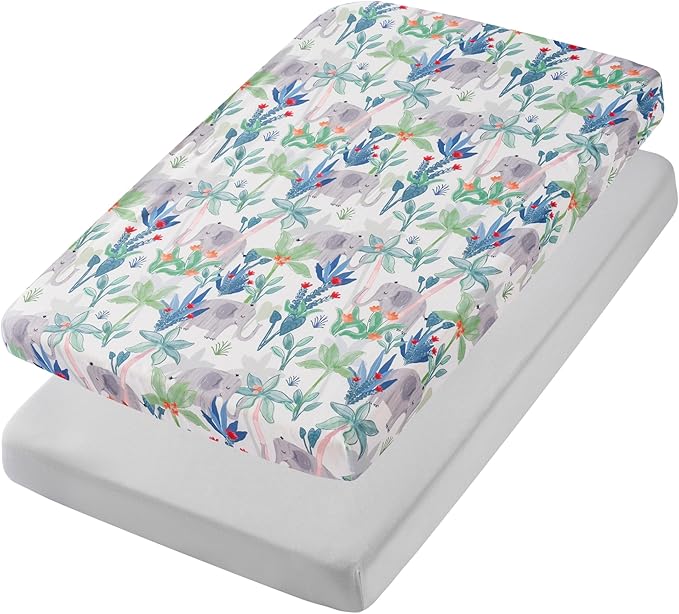 TILLYOU Mini Crib Sheets Fitted 2 Pack, Pack and Play Sheets for Toddler Mattress, Soft and Breathable 38”x 24” Pack n Play Mattresses Cover, Rainforest Elephant & Grey