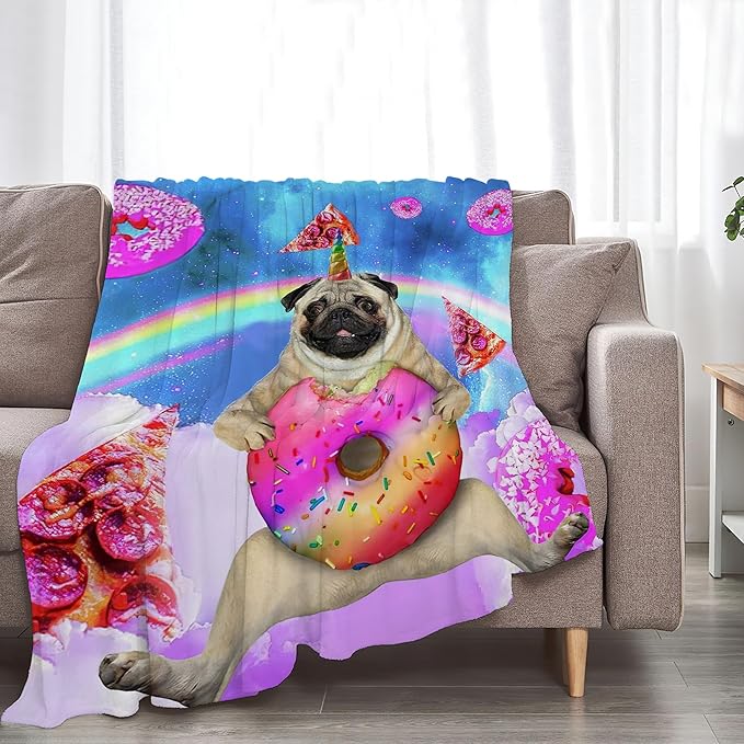 Pug Blanket Funny Pug Gifts for Girls Boys Woman Kids Doughnut Pizza Lover Dog Throw Blankets Soft Blanket Warm Fleece Flannel Plush Blankets for Bed Sofa Couch 50"x60"