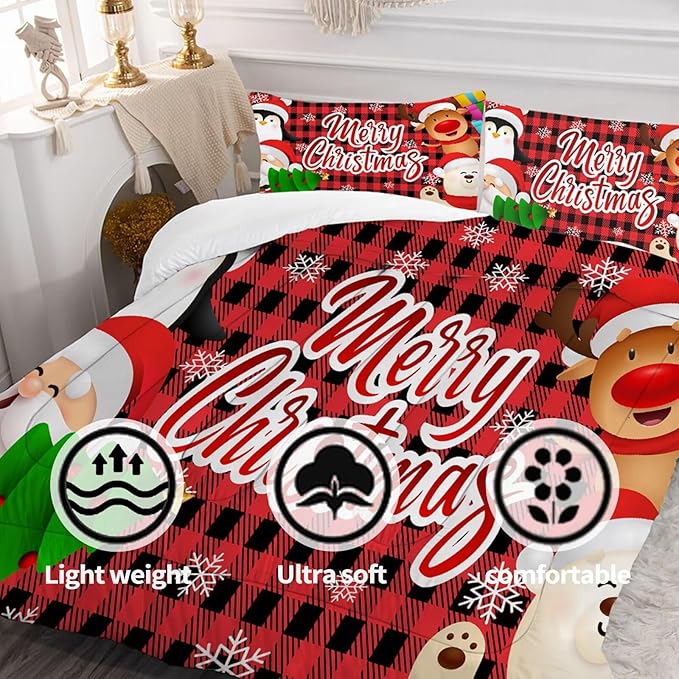 Christmas Comforter Set Full Size Black and Red Plaid Bedding Sets Xmas Gift Christmas Themed Festival Winter Snow Quilt Set,1 Comforter + 2 Pillow Cases