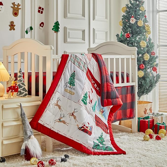 Christmas Red Crib Bedding Set 3 Pieces New Year Style Quilted Plaid Comforter with Fitted Sheet and Bed Skirt - Cute Santa Claus Snowman Tree Deer Design Baby Gift Crib Bed Set
