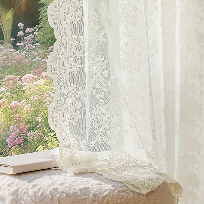 Anmao Vintage Lace Curtains 120 Inches Long 2 Panels Set, Romantic Elegant Light Filtering Semi Sheer Floral Thick Lacy Curtain Drapes for Living Room and Bedroom, Each Panel 55W x 120L, Ivory