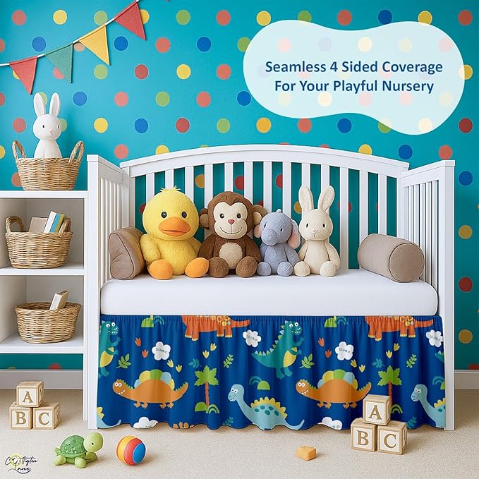 Cottington Lane Crib Skirt Dust Ruffle, 100% Natural Cotton, Soft, Durable Nursery Crib Toddler Bedding Skirt for Baby Girls or Boys, Fits Standard Cribs 28" x 52" with 14" Drop, Blue Dinosaur