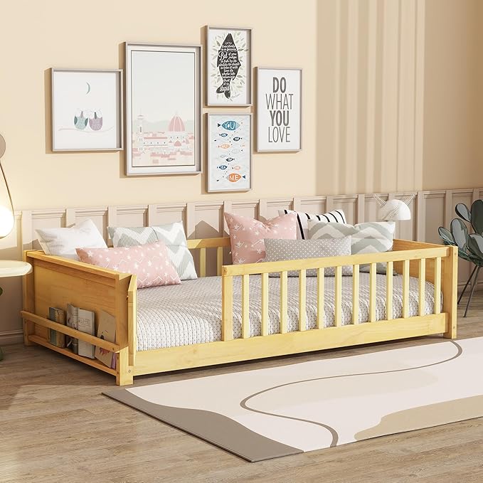Floor Bed with Rails and Door Twin Size, Wood Montessori Floor Bed with Storage Bookcase, Kids Bed Frame with Fence for Boys Girls, Natural