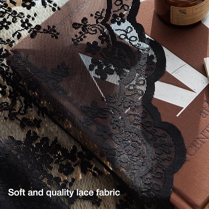 Anmao Vintage Lace Curtains 96 Inches Long 2 Panels Set, Romantic Elegant Light Filtering Semi Sheer Floral Thick Lacy Curtain Drapes for Living Room and Bedroom, Each Panel 55W x 96L, Black
