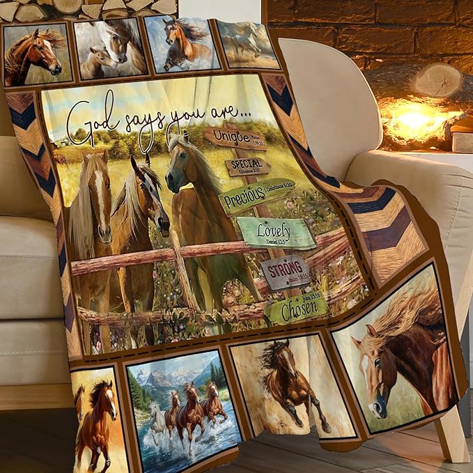 Horse Blanket Motivational God Say You are Throw Blankets Gifts for Girls Boys Cozy Warm Soft Fuzzy Flannel Throws Plush Stuffed Animal Western Horses Fleece Gifts for Men Women for Sofa Bed 60"x80"