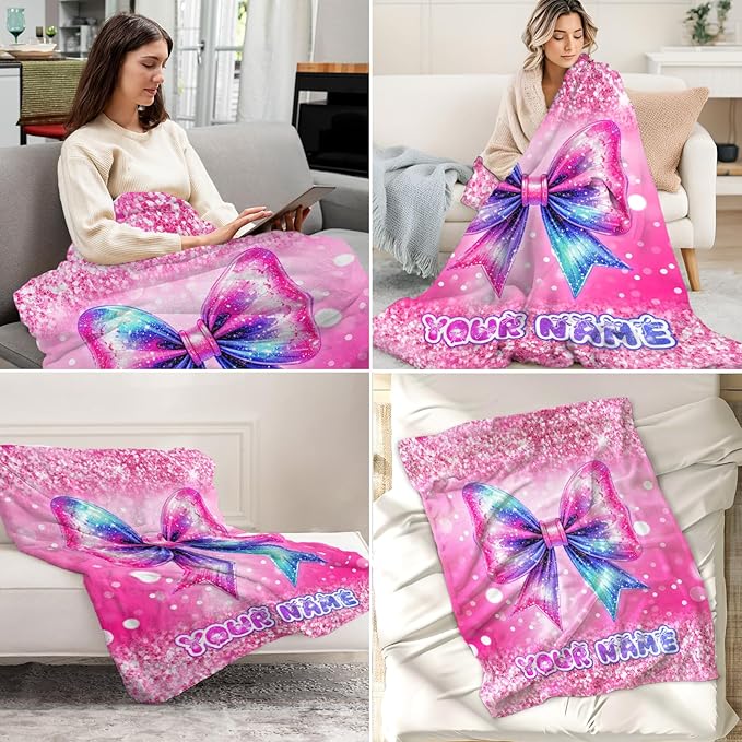 Custom Bow Blanket for Girls - 30 x 40 Inches Lap Size - Soft Fuzzy Plush Throws Decor Gift - Pink Cute Throw Blankets Stuff for Crib, Office